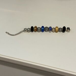 Pandora Silver Charm Bracelet with Blue and Black Beads